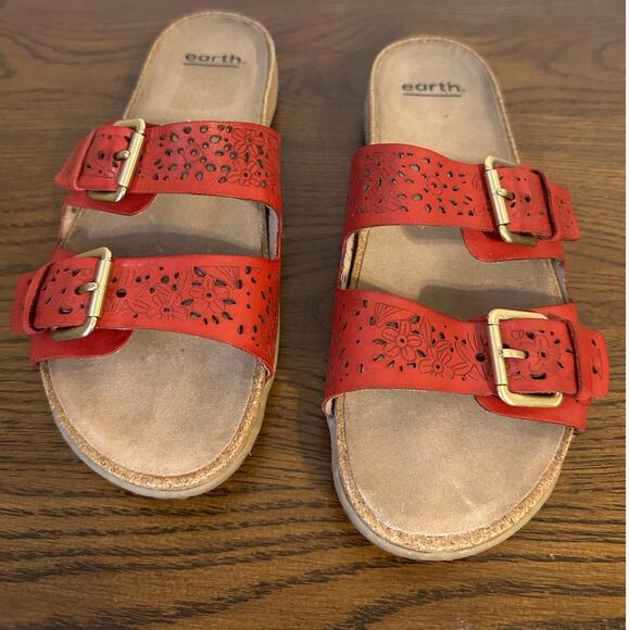 Earth Perforated Leather Slide Sandals Sand Antigua Bright Red - Picture 11 of 11